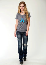 Roper Womens Grey Solid With Teepee Print Short Sleeve Knit Top - Roper - Flyclothing LLC