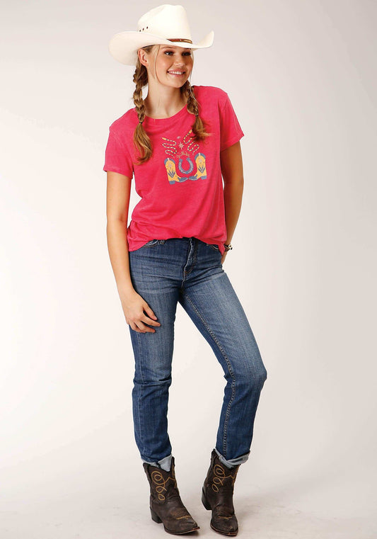 Roper Womens Short Sleeve Knit Poly Rayon Watermelon Pink Short Sleeve Tee Top - Roper - Flyclothing LLC