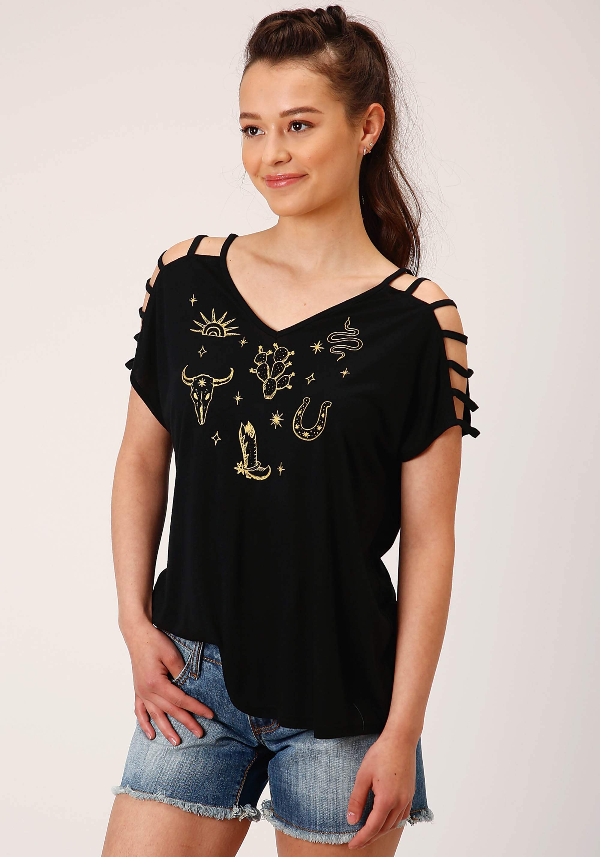 Roper Womens Short Sleeve Knit Poly Rayon Jersey S S Cold Shoulder Tee Top - Roper - Flyclothing LLC