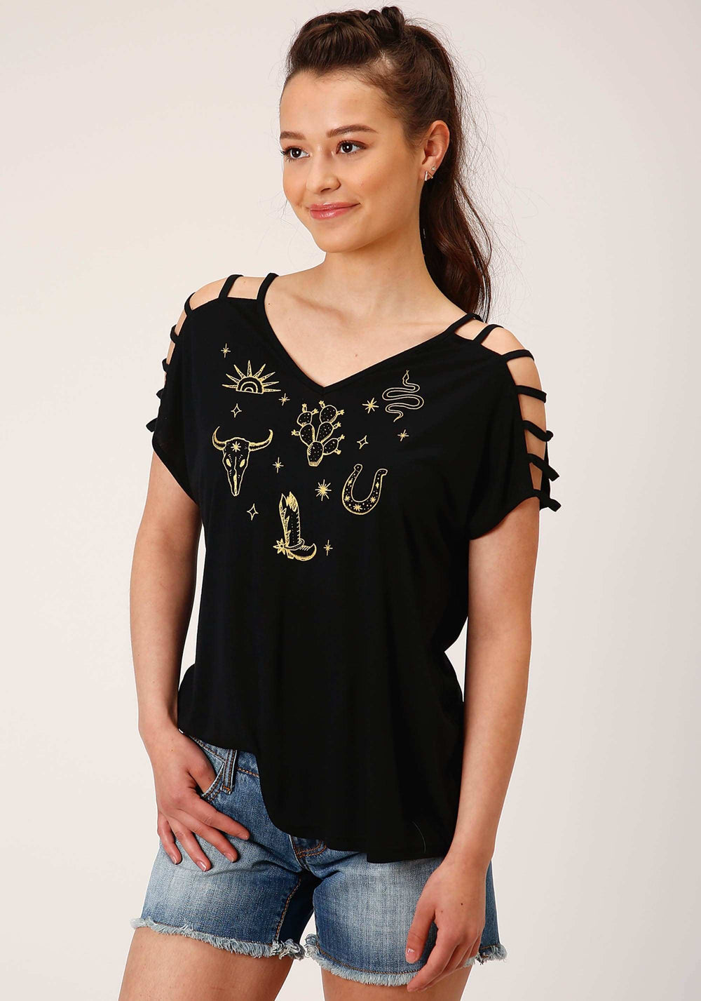 Roper Womens Short Sleeve Knit Poly Rayon Jersey S S Cold Shoulder Tee Top - Roper - Flyclothing LLC