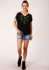 Roper Womens Short Sleeve Knit Poly Rayon Jersey S S Cold Shoulder Tee Top - Roper - Flyclothing LLC