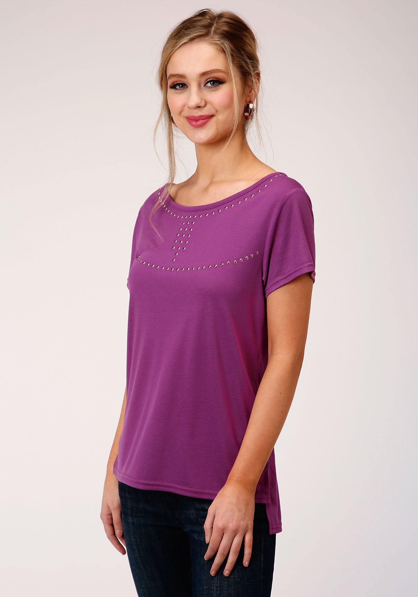Roper Womens Purple With Copper Stud Embellishment Short Sleeve Knit Top - Roper