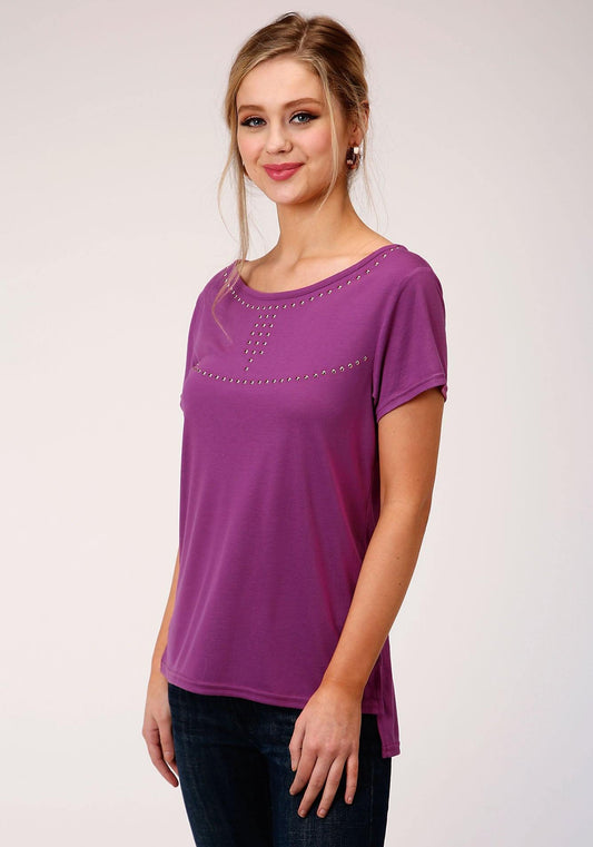 Roper Womens Purple With Copper Stud Embellishment Short Sleeve Knit Top - Roper