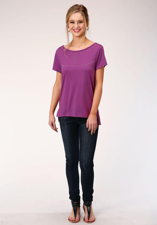Roper Womens Purple With Copper Stud Embellishment Short Sleeve Knit Top - Roper
