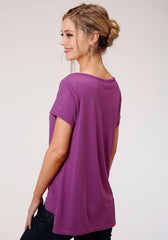Roper Womens Purple With Copper Stud Embellishment Short Sleeve Knit Top - Roper