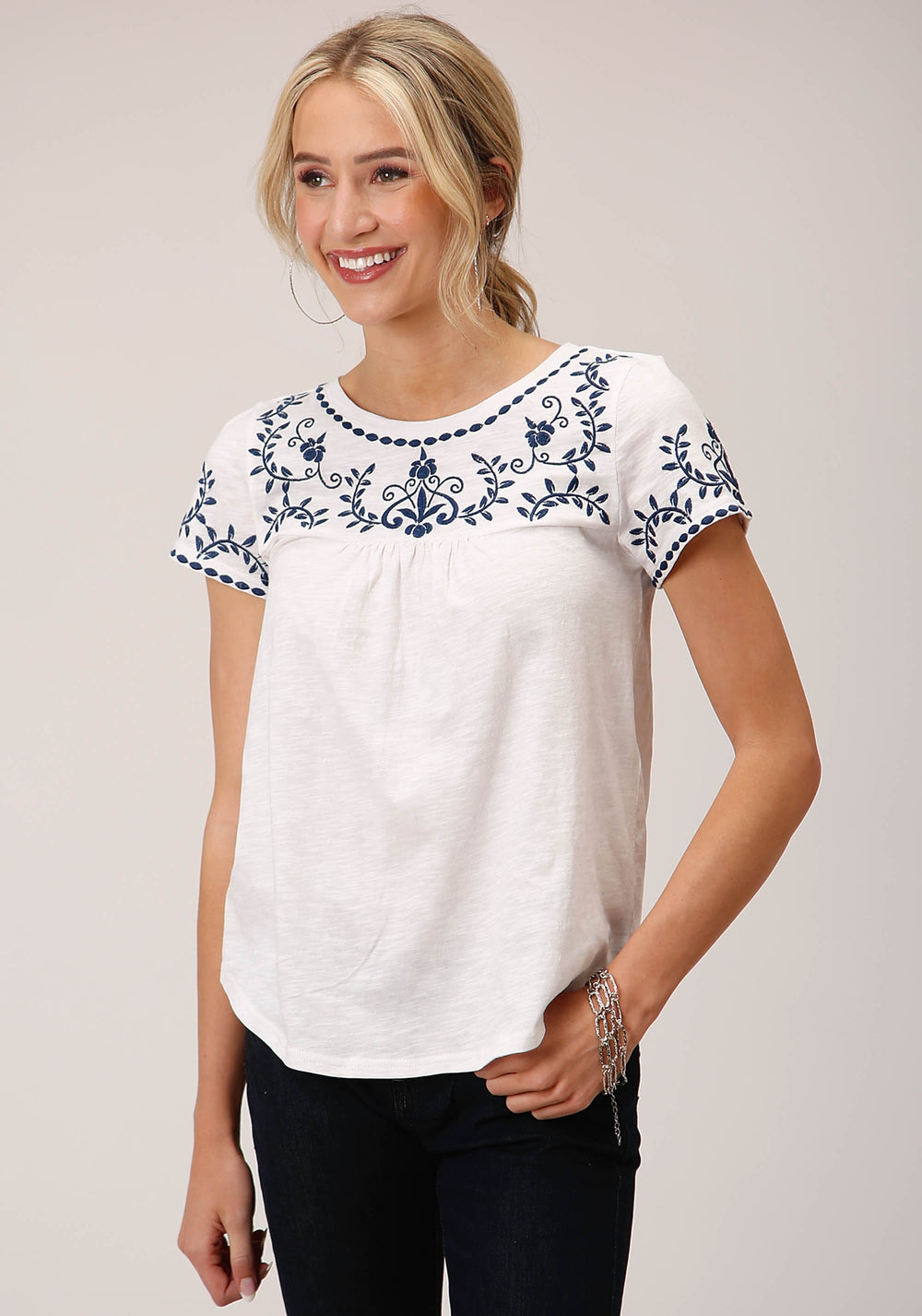 Roper Womens Short Sleeve Knit White Cotton Slub Jersey Peasant Top - Roper