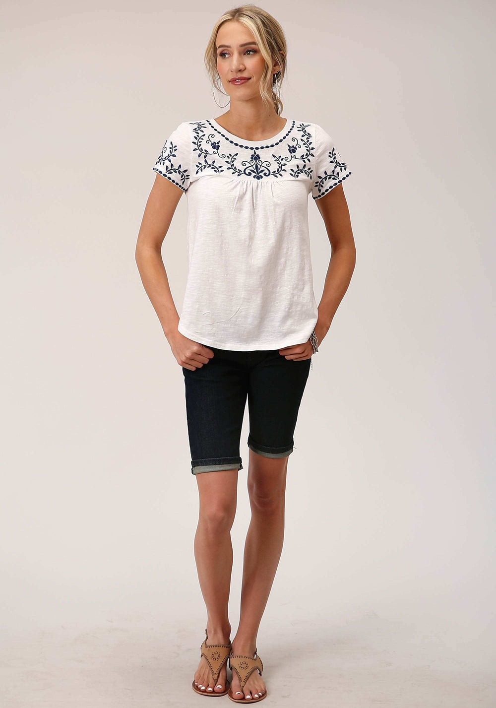 Roper Womens Short Sleeve Knit White Cotton Slub Jersey Peasant Top - Roper - Flyclothing LLC