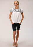 Roper Womens Short Sleeve Knit White Cotton Slub Jersey Peasant Top - Roper