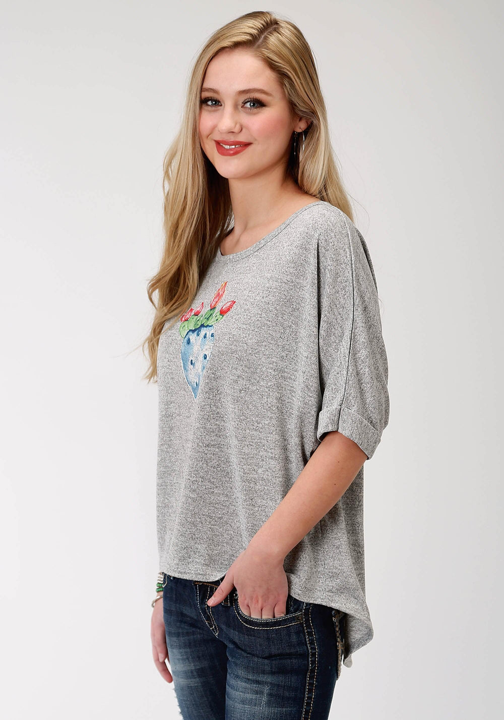 Roper Womens Grey Solid With Screen Print Sweater Short Sleeve Knit Top - Roper