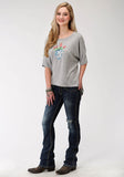 Roper Womens Grey Solid With Screen Print Sweater Short Sleeve Knit Top - Roper