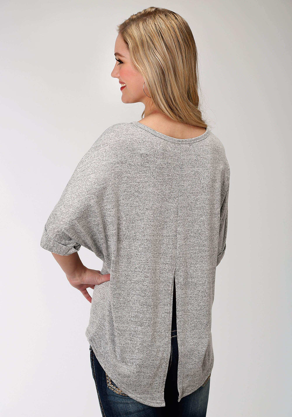 Roper Womens Grey Solid With Screen Print Sweater Short Sleeve Knit Top - Roper - Flyclothing LLC