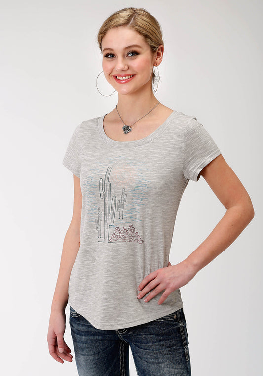 Roper Womens Grey Solid With Cactus Screen Print Short Sleeve Knit Top