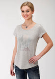 Roper Womens Grey Solid With Cactus Screen Print Short Sleeve Knit Top - Roper