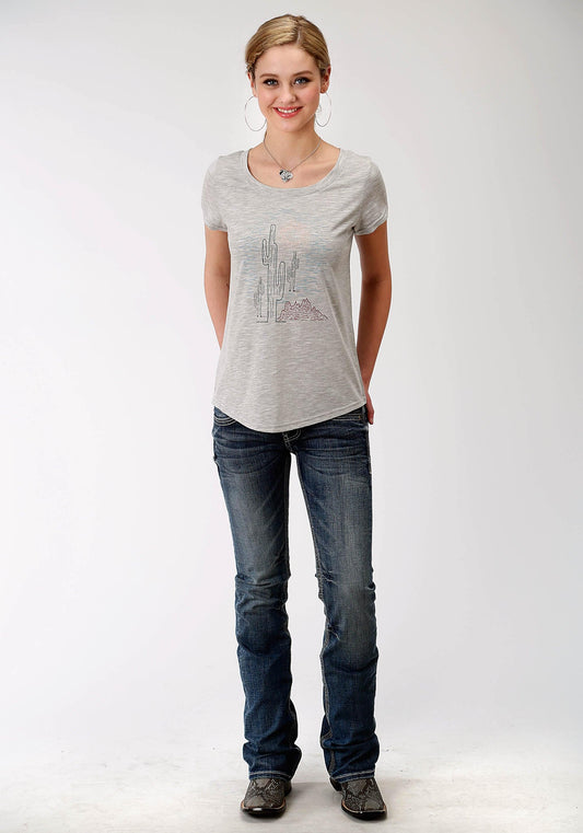 Roper Womens Grey Solid With Cactus Screen Print Short Sleeve Knit Top - Roper