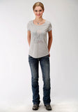 Roper Womens Grey Solid With Cactus Screen Print Short Sleeve Knit Top - Roper