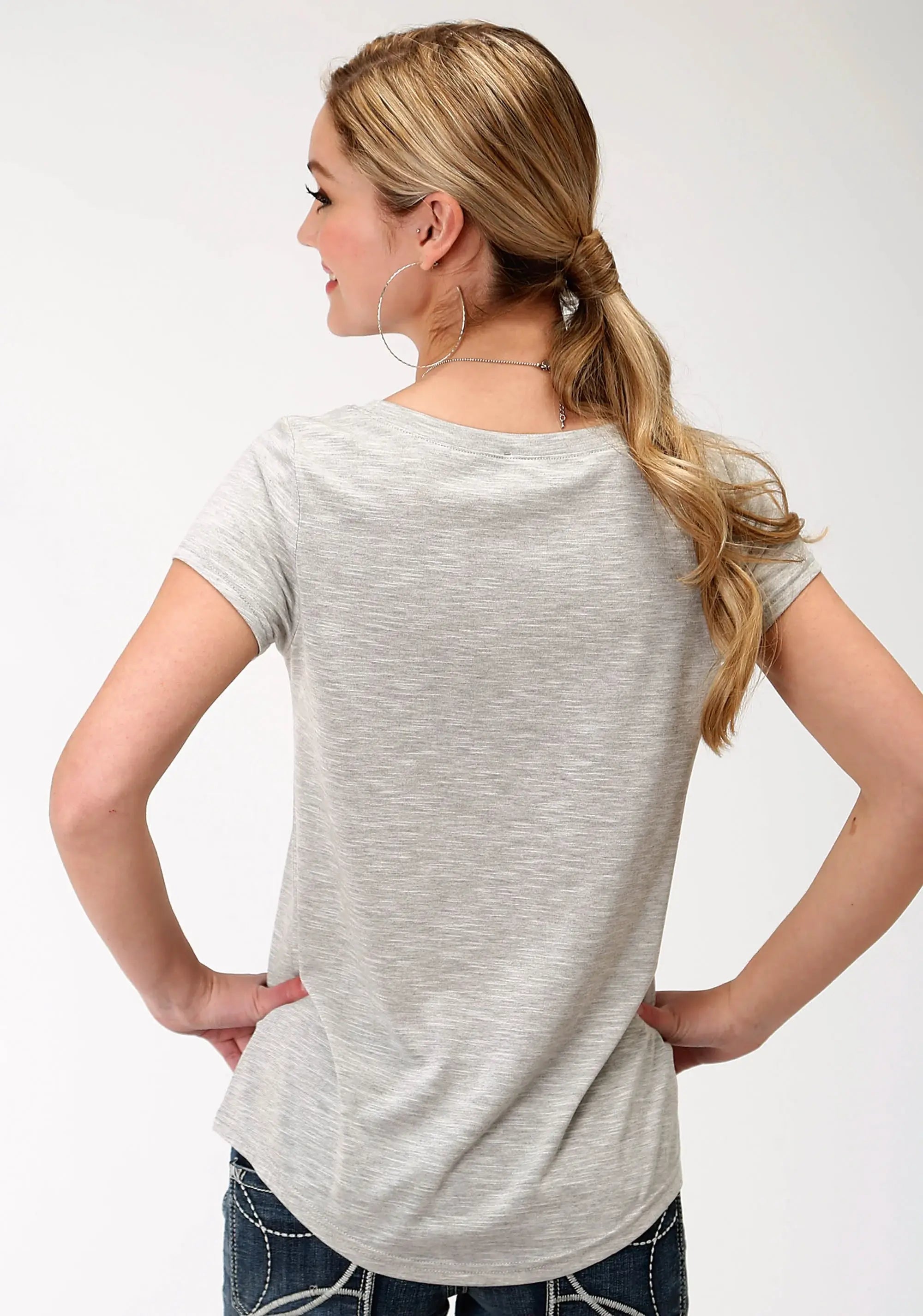 Roper Womens Grey Solid With Cactus Screen Print Short Sleeve Knit Top - Roper - Flyclothing LLC