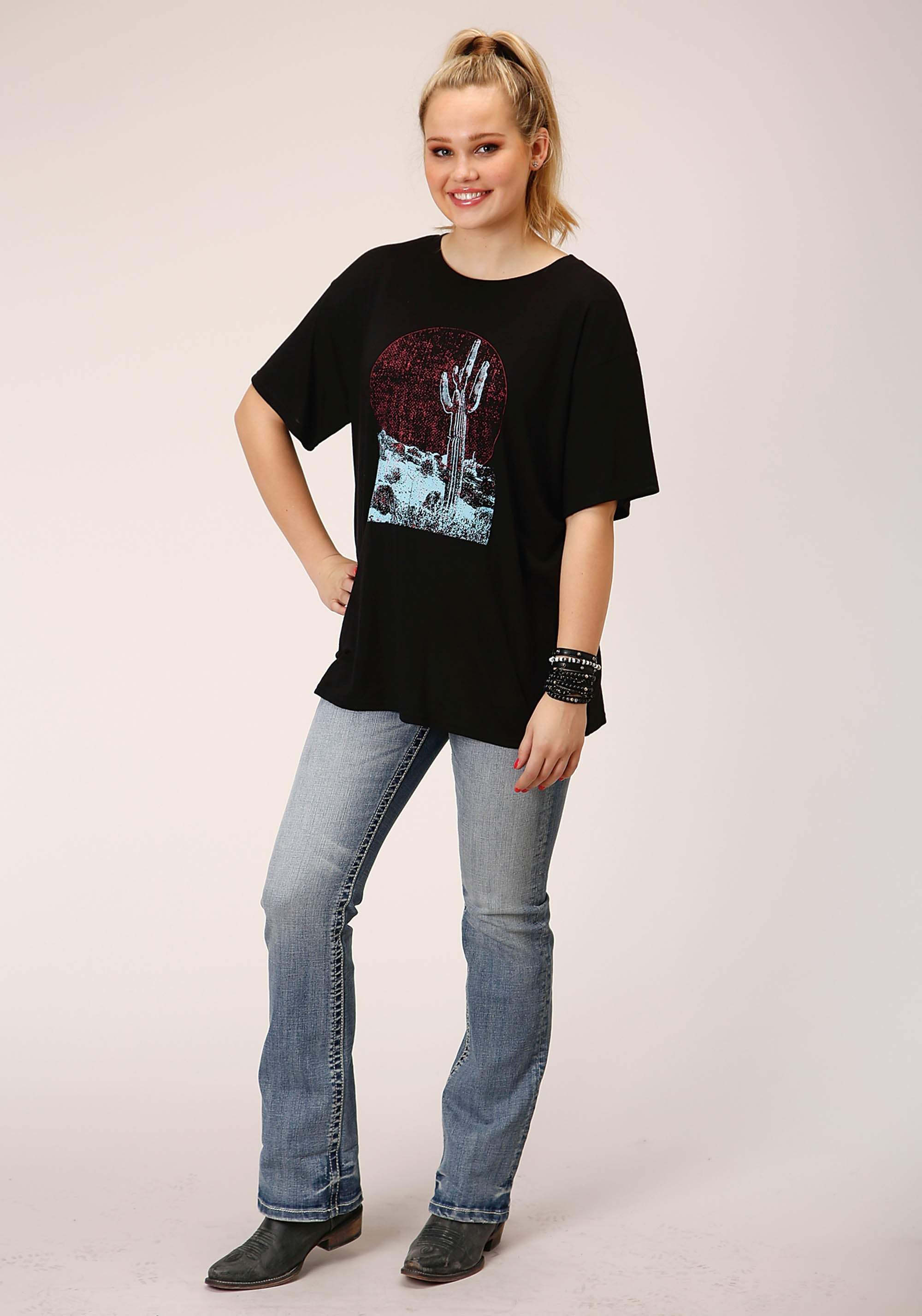 Roper Womens Short Sleeve Knit Solid Black Poly Rayon Short Sleeve Tee Top - Roper - Flyclothing LLC