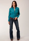 Roper Womens Long Sleeve Snap Solid Poplin Deep Teal Western Shirt - Roper