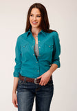 Roper Womens Long Sleeve Snap Solid Poplin Deep Teal Western Shirt - Roper