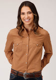 Roper Womens Long Sleeve Snap Solid Poplin Caramel Western Shirt - Roper