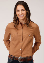 Roper Womens Long Sleeve Snap Solid Poplin Caramel Western Shirt