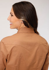 Roper Womens Long Sleeve Snap Solid Poplin Caramel Western Shirt