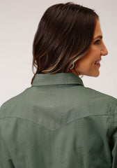 Roper Womens Long Sleeve Snap Solid Poplin Olive Western Shirt