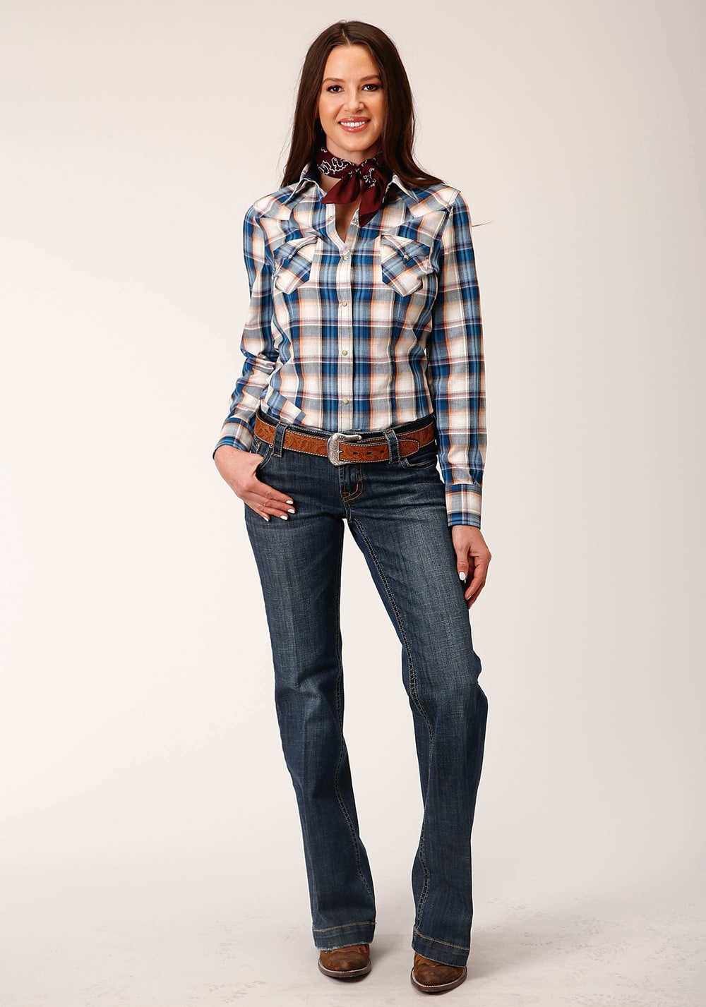 Roper Womens Long Sleeve Snap Denim Plaid Western Shirt - Roper - Flyclothing LLC