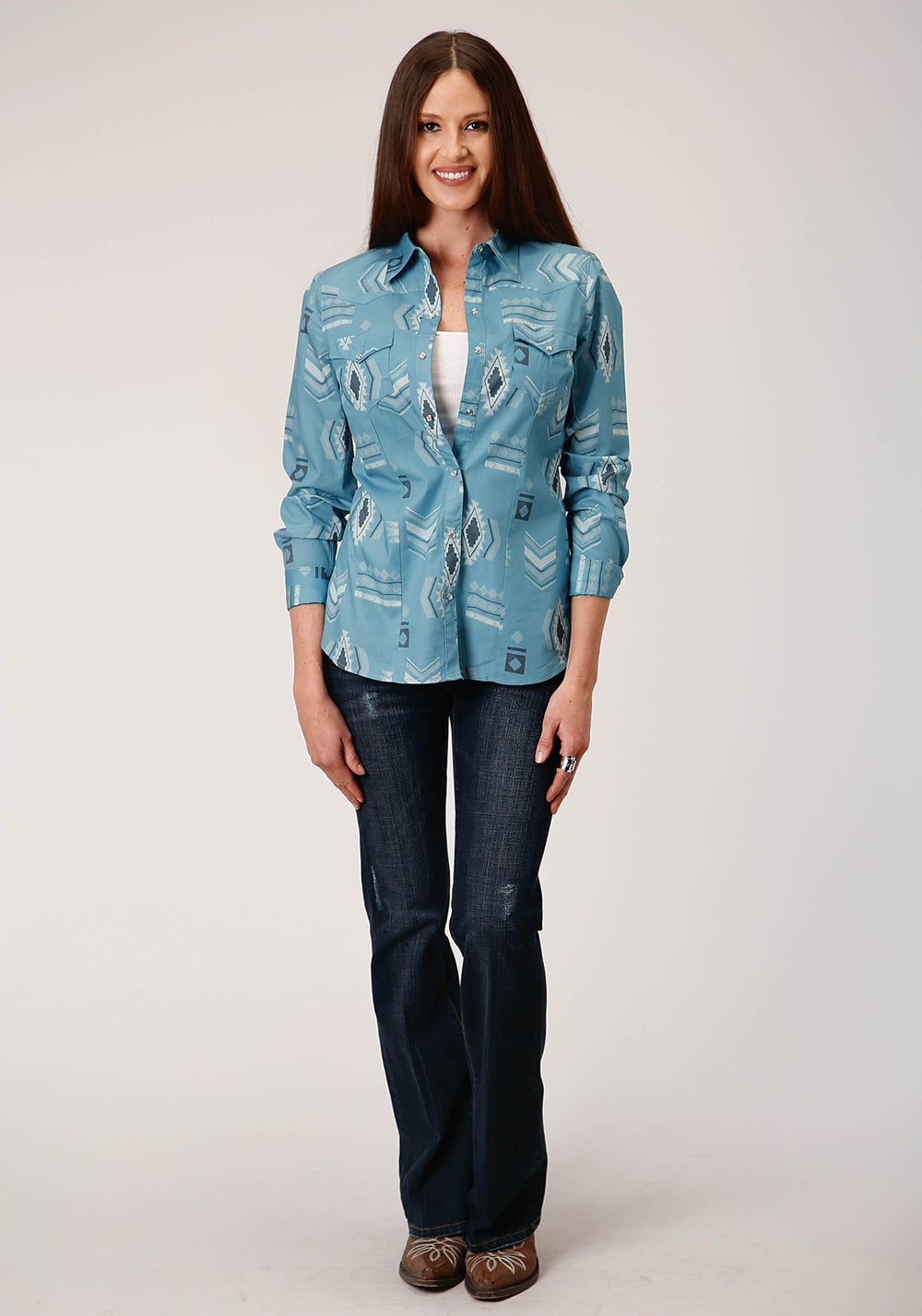 Roper Womens Long Sleeve Snap Aztec Mash Up Western Shirt - Roper