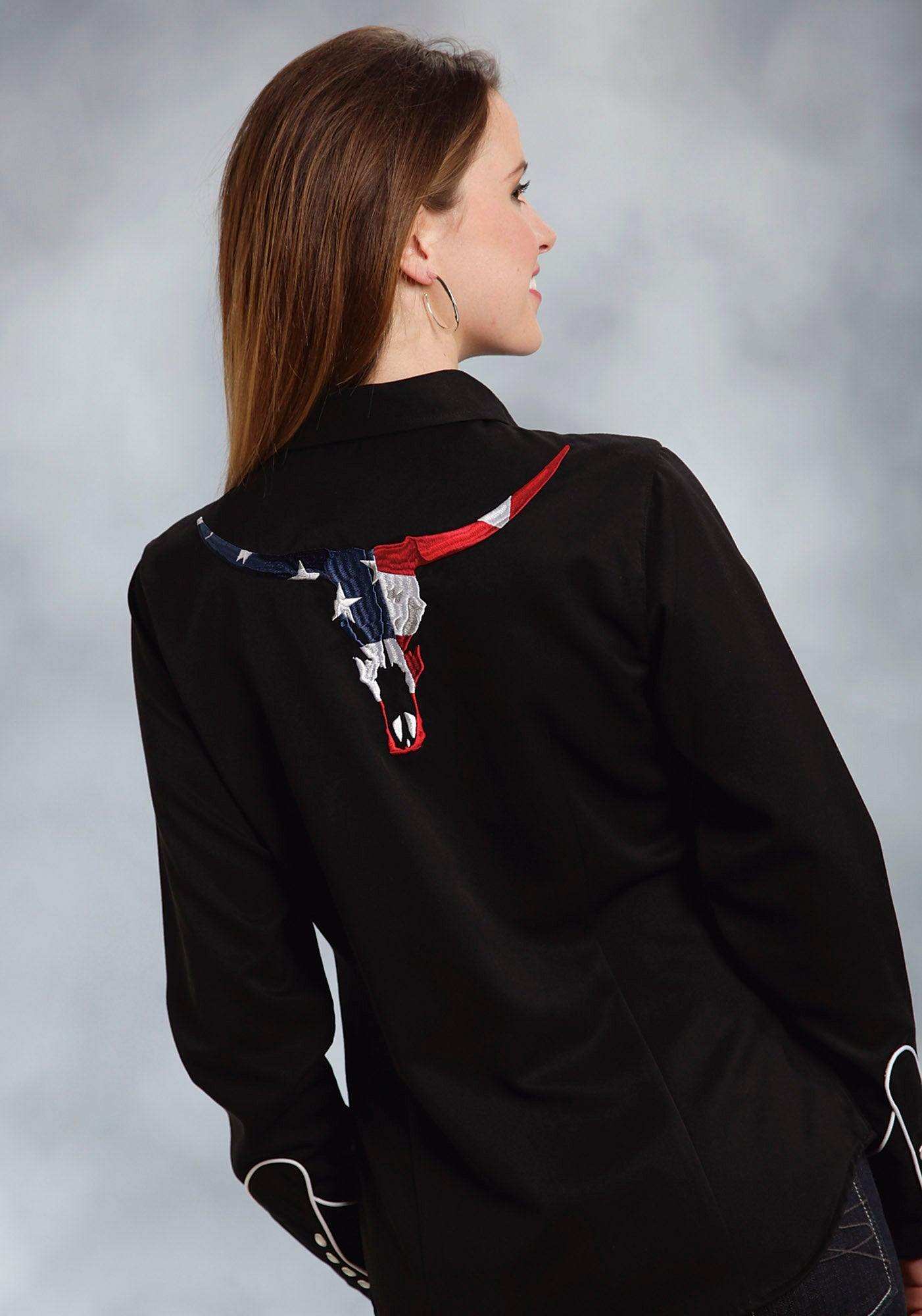 Roper Womens Black With Red White And Blue American Flag Skull Long Sleeve Western Snap Shirt - Roper - Flyclothing LLC
