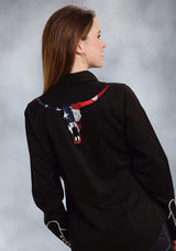 Roper Womens Black With Red White And Blue American Flag Skull Long Sleeve Western Snap Shirt - Roper - Flyclothing LLC
