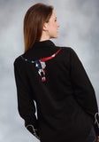 Roper Womens Black With Red White And Blue American Flag Skull Long Sleeve Western Snap Shirt - Roper