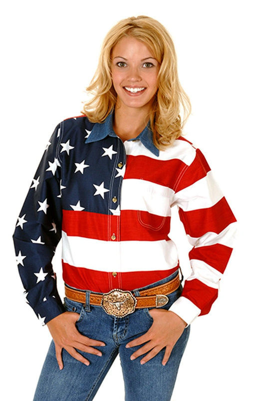 Roper Womens Red White And Blue Stars And Stripes Pieced American Flag Long Sleeve Western Snap Shirt - Roper