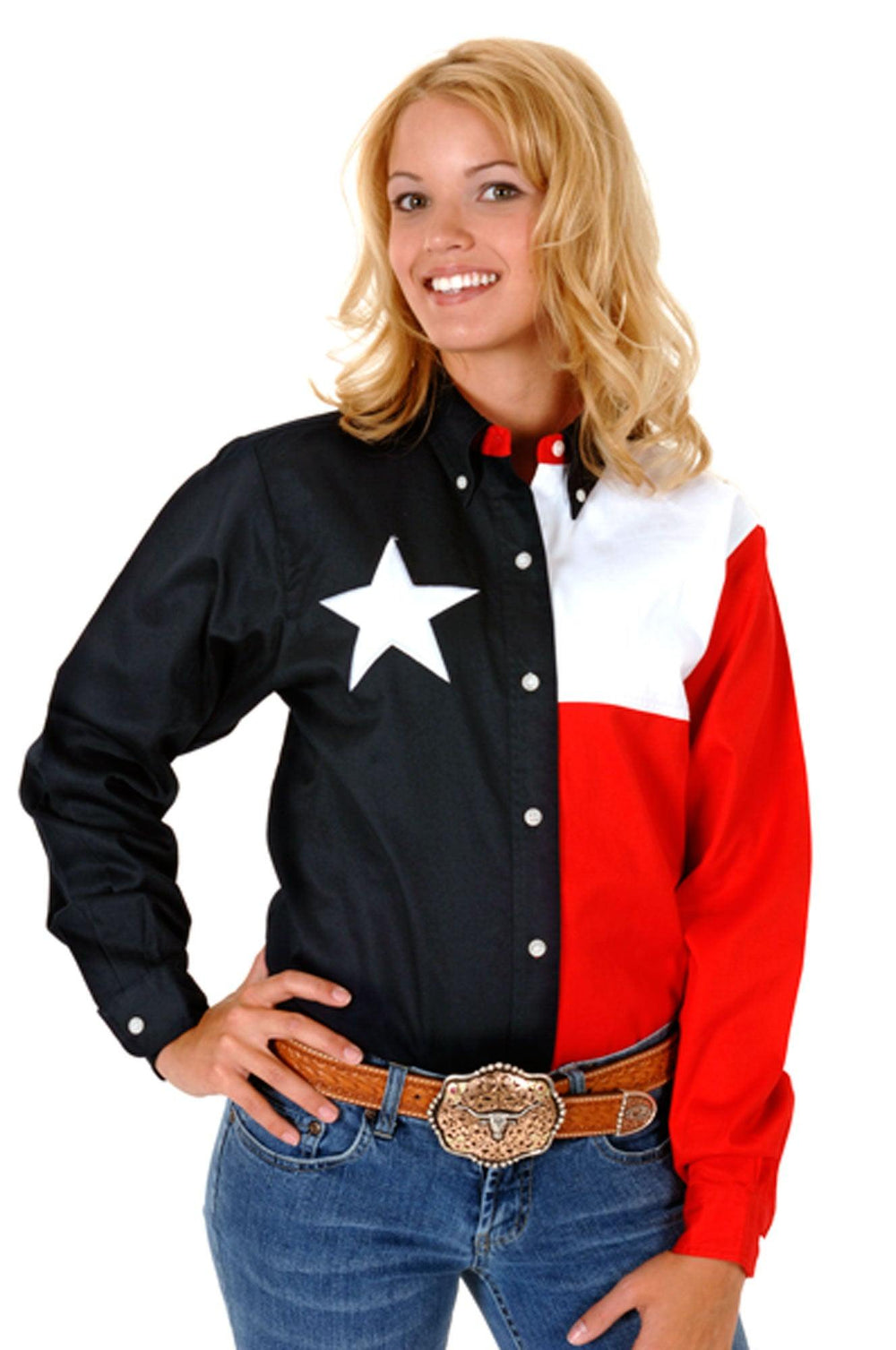 Roper Womens Red White And Blue Pieced Texas Flag Long Sleeve Western Snap Shirt - Roper