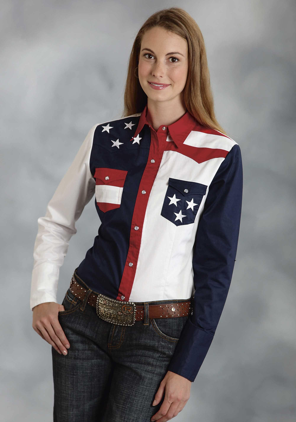 Roper Womens Red White And Blue Colorblocked Pieced Long Sleeve Western Snap Shirt - Roper