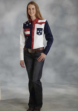 Roper Womens Red White And Blue Colorblocked Pieced Long Sleeve Western Snap Shirt - Roper - Flyclothing LLC