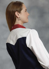 Roper Womens Red White And Blue Colorblocked Pieced Long Sleeve Western Snap Shirt - Roper - Flyclothing LLC