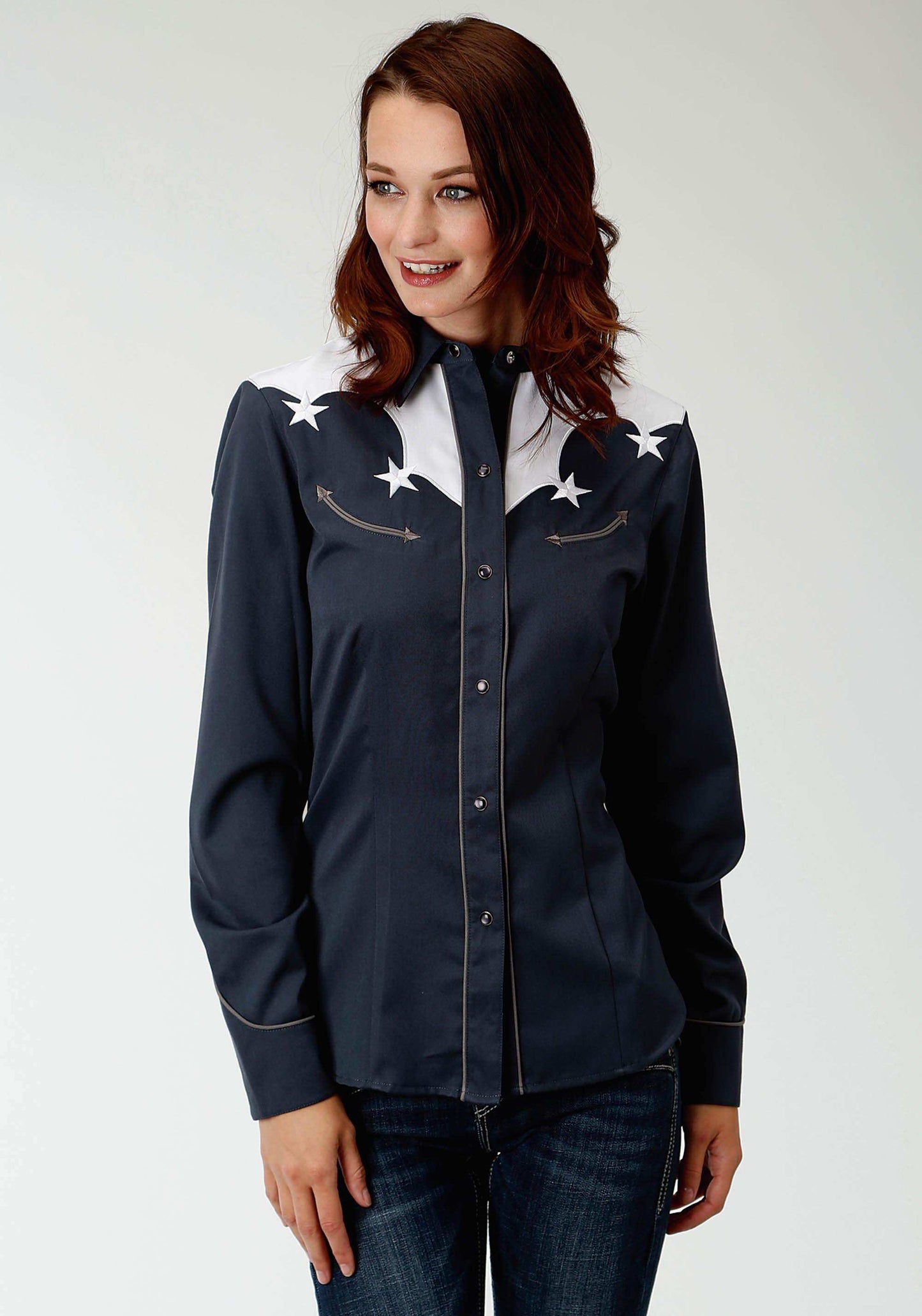 Roper Womens Blue With White Yokes And Stars Long Sleeve Western Snap Shirt - Roper - Flyclothing LLC
