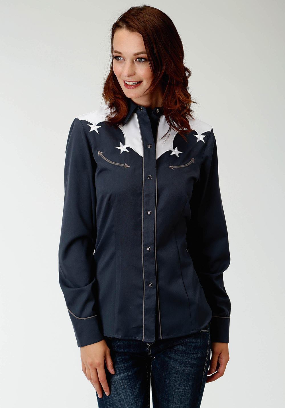 Roper Womens Blue With White Yokes And Stars Long Sleeve Western Snap Shirt - Roper