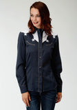 Roper Womens Blue With White Yokes And Stars Long Sleeve Western Snap Shirt - Roper