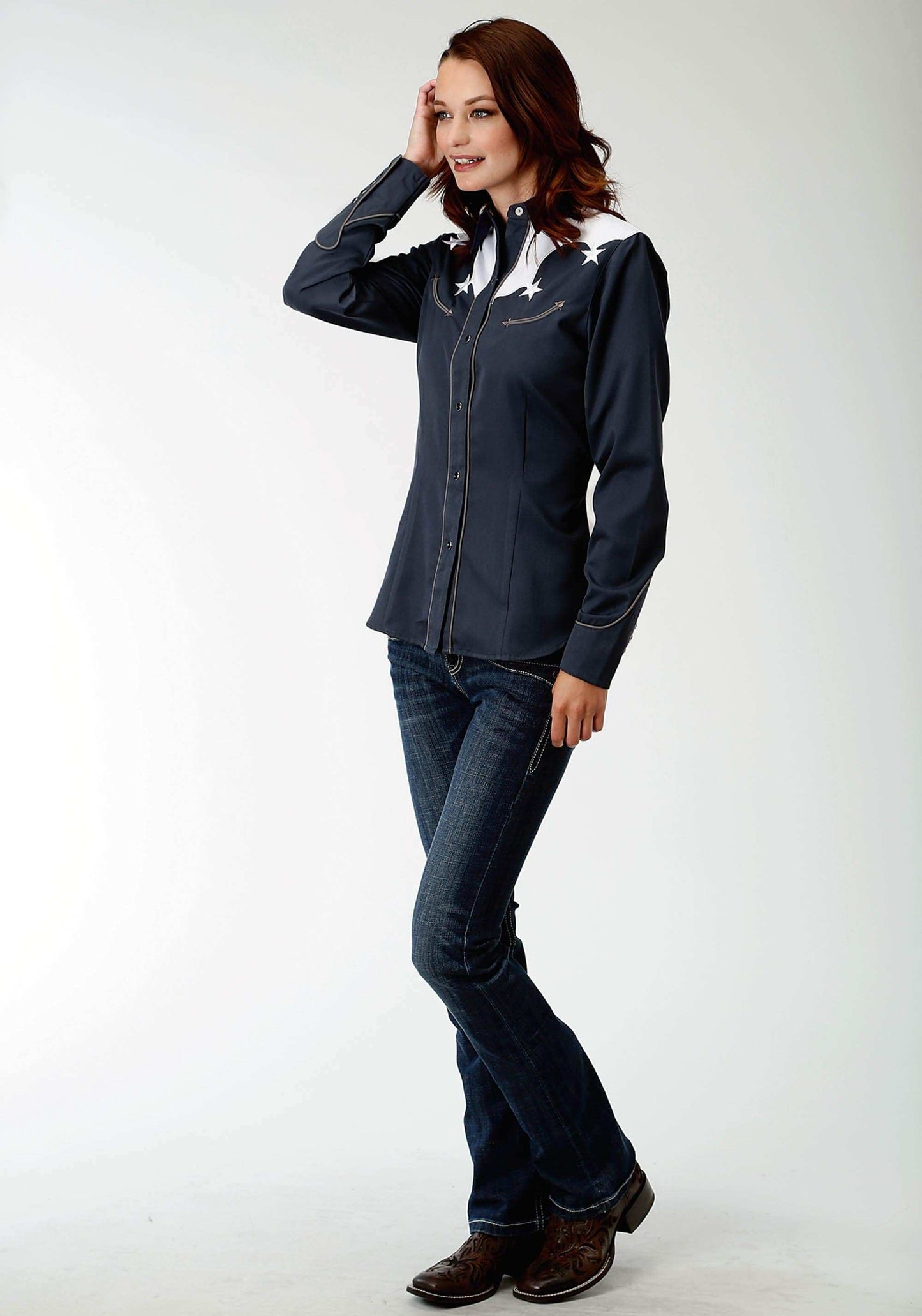Roper Womens Blue With White Yokes And Stars Long Sleeve Western Snap Shirt - Roper - Flyclothing LLC