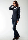 Roper Womens Blue With White Yokes And Stars Long Sleeve Western Snap Shirt - Roper