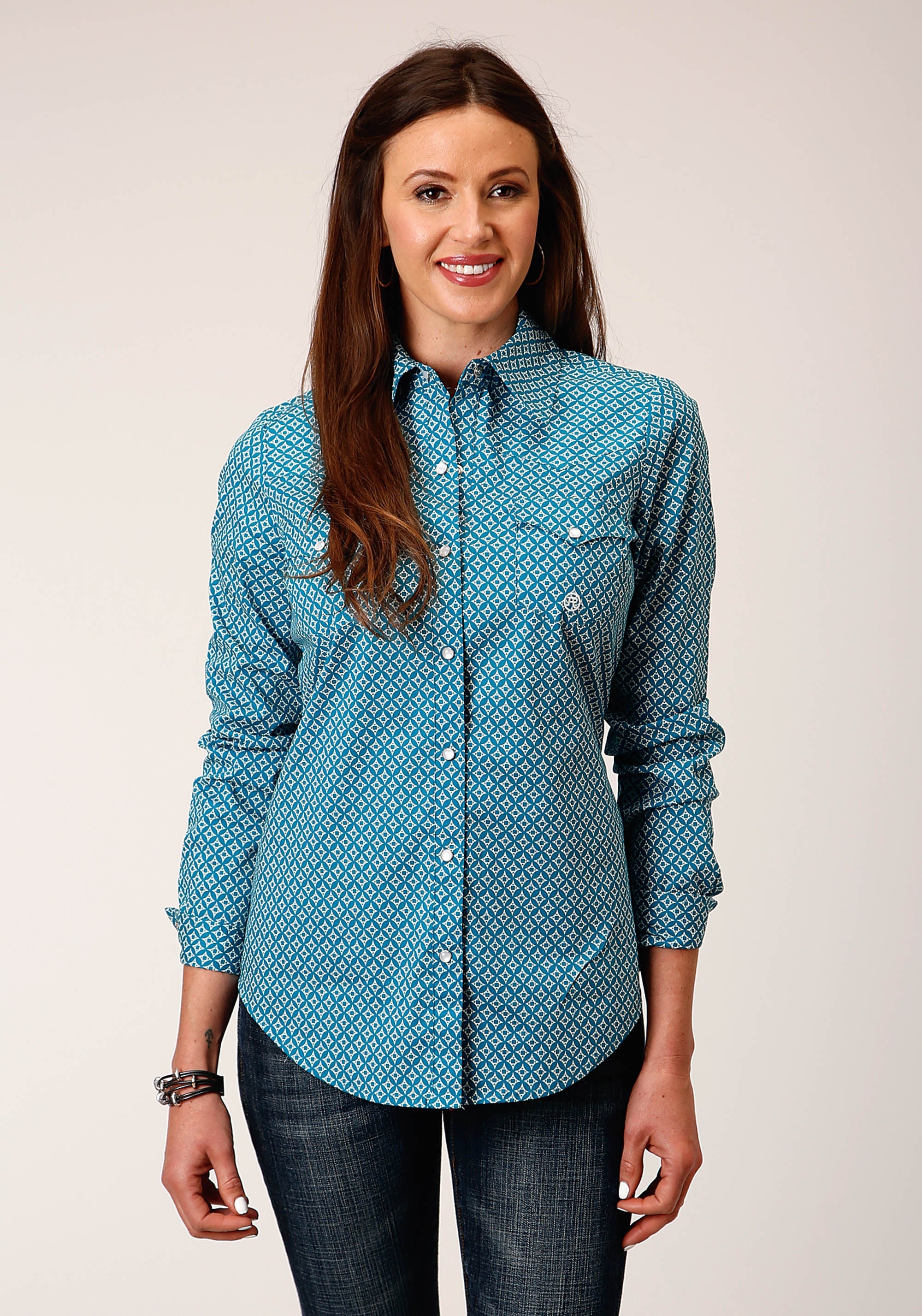 Roper Womens Long Sleeve Snap Diamond Print Turquoise Western Shirt