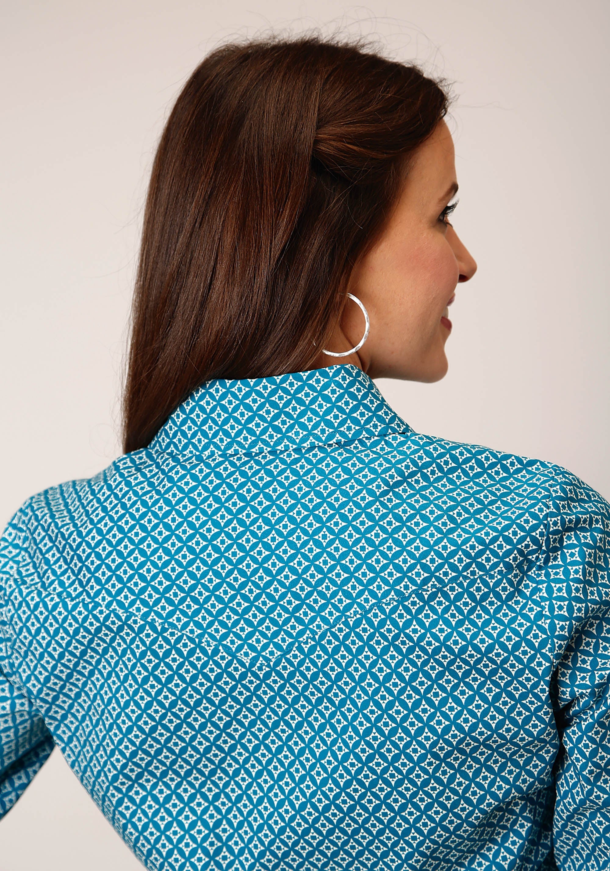 Roper Womens Long Sleeve Snap Diamond Print Turquoise Western Shirt