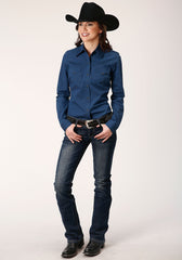 Roper Womens Long Sleeve Snap Black Fill Solid Blue Western Shirt