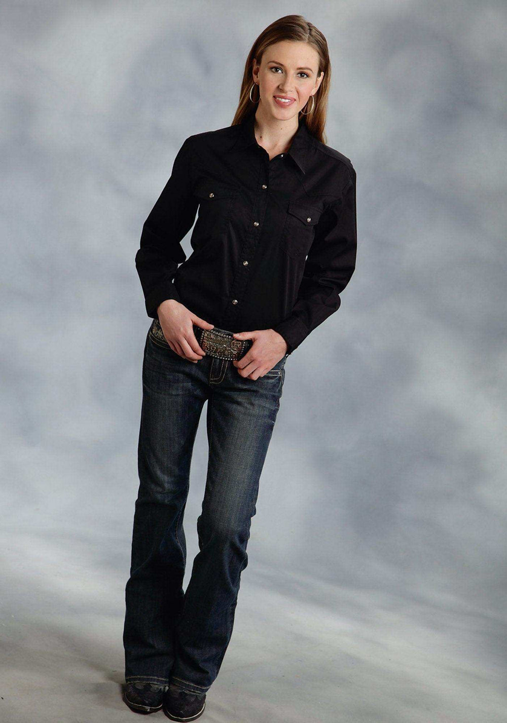Roper Womens Black Solid Long Sleeve Western Snap Shirt - Roper - Flyclothing LLC