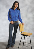 Roper Womens Blue Solid Long Sleeve Western Snap Shirt - Roper