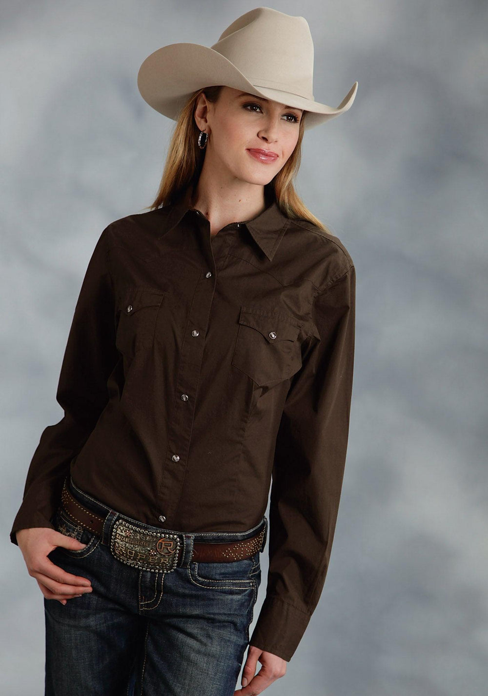 Roper Womens Brown Solid Long Sleeve Western Snap Shirt - Roper