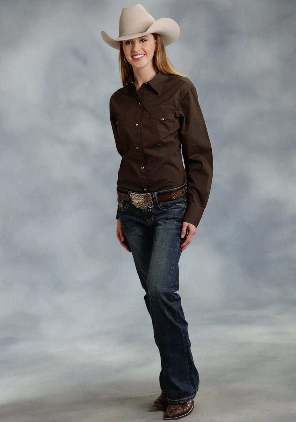 Roper Womens Brown Solid Long Sleeve Western Snap Shirt - Roper - Flyclothing LLC