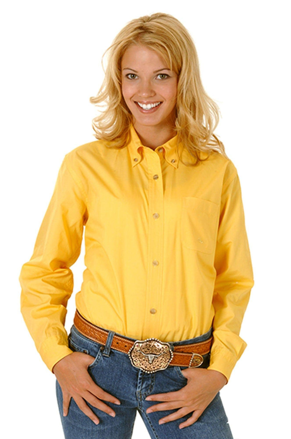 Roper Womens Yellow Solid Long Sleeve Western Button Shirt Tall Fit - Roper